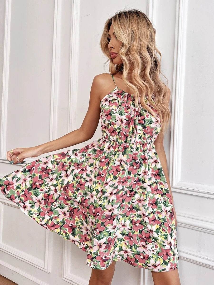 Floral Print Suspender Dress With Elastic Waist Design Fashion Summer Short Dresses Womens Clothing - terrifictrend