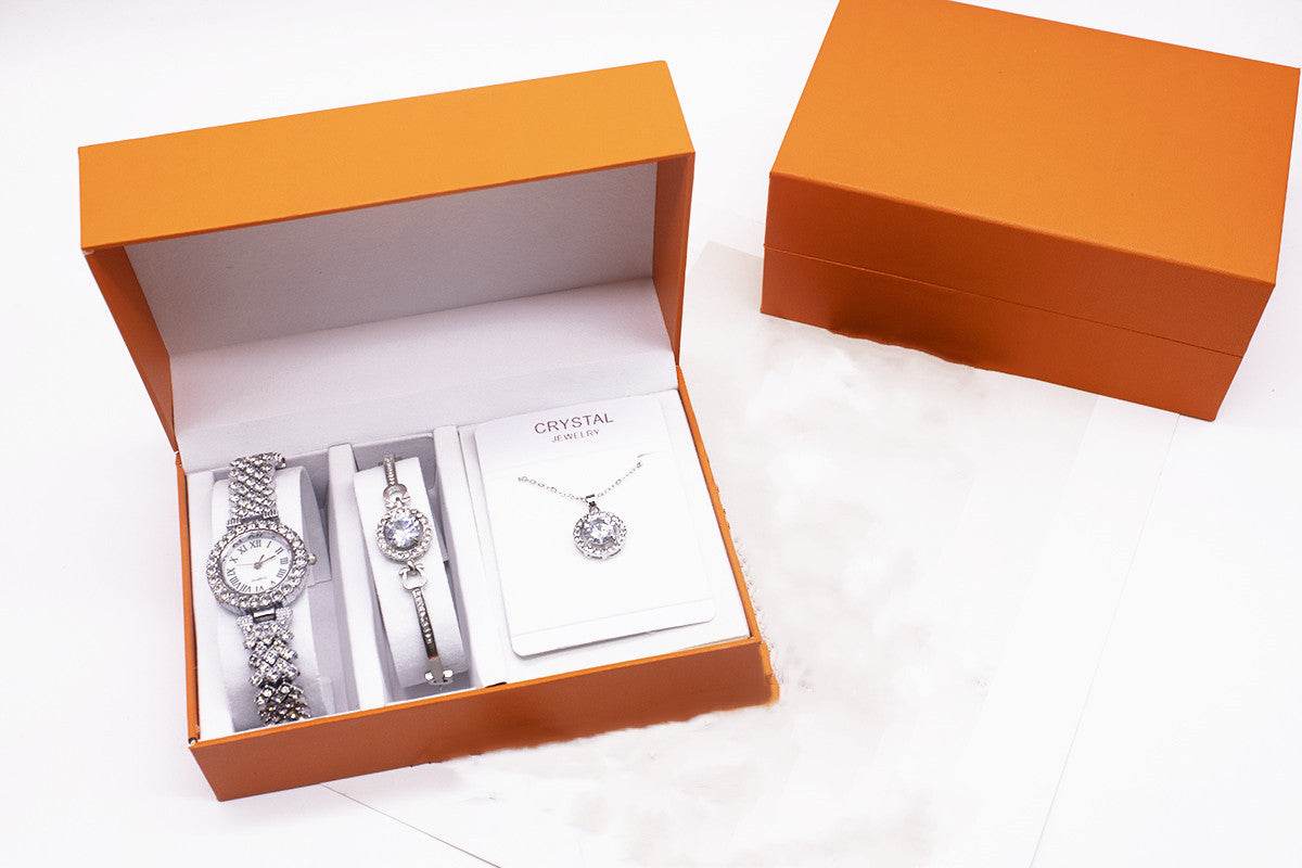 3-piece Rhinestone Watch Set With Bracelet And Necklace - terrifictrend