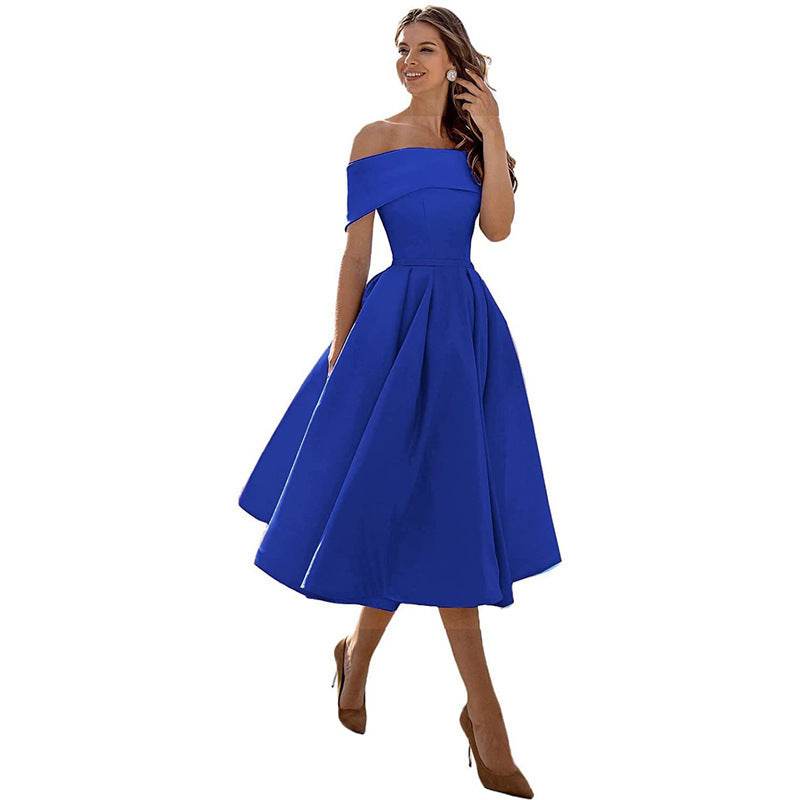 Women's Fashion Casual Strapless Satin Party Dress Off The Shoulder Tea Length Satin Prom Dresses With Pockts Formal Evening Party Dress - terrifictrend