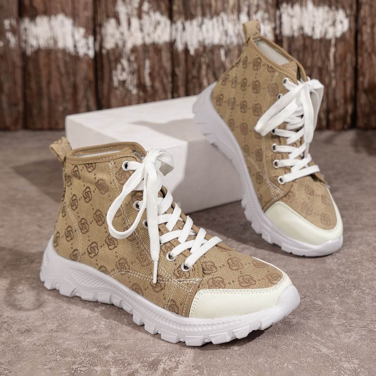 Rose-printed Lace-up Boots Fashion Breathable Canvas Shoes Sports Casual Non-slip Thick-soled Short Boot For Women - terrifictrend