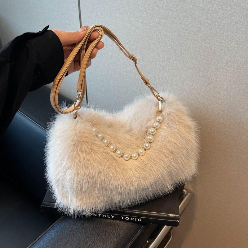 Autumn And Winter Fashion Shoulder Bags Pearl Chain Crossbody Bag Versatile Commuting Armpit Plush Female Bag - terrifictrend