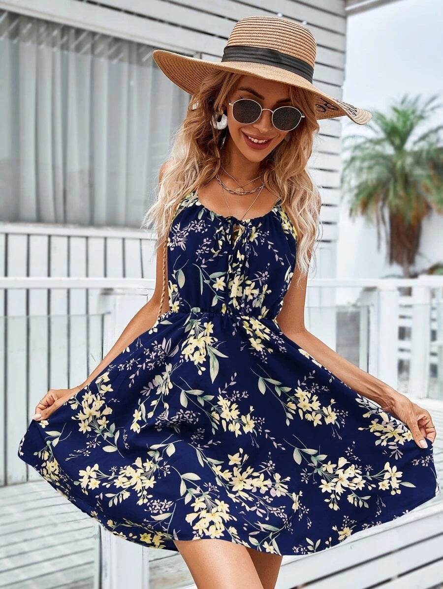 Floral Print Suspender Dress With Elastic Waist Design Fashion Summer Short Dresses Womens Clothing - terrifictrend