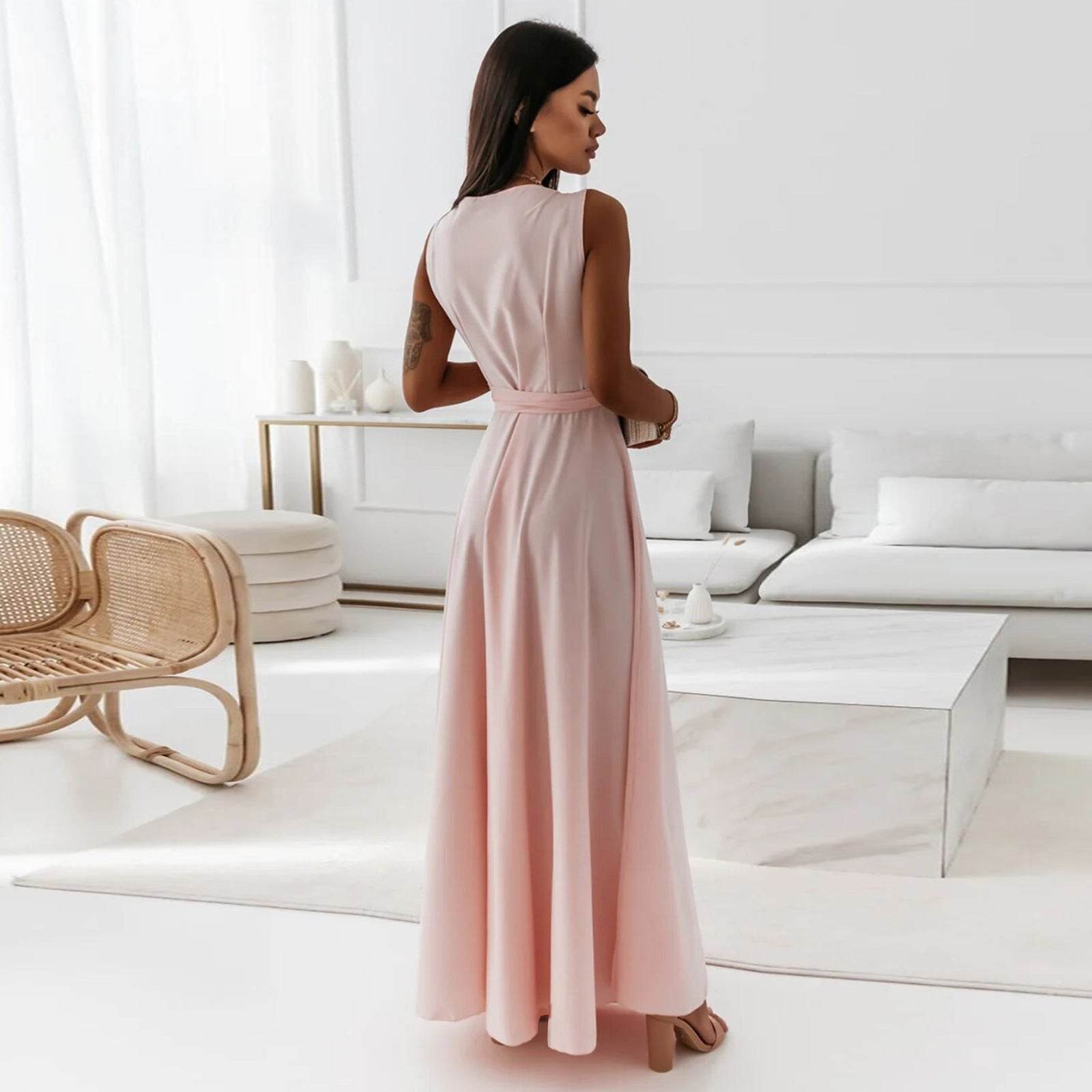 V-neck Sleeveless Dress With Belt Summer Fashion Party Club Evening Maxi Dresses For Women Clothing - terrifictrend