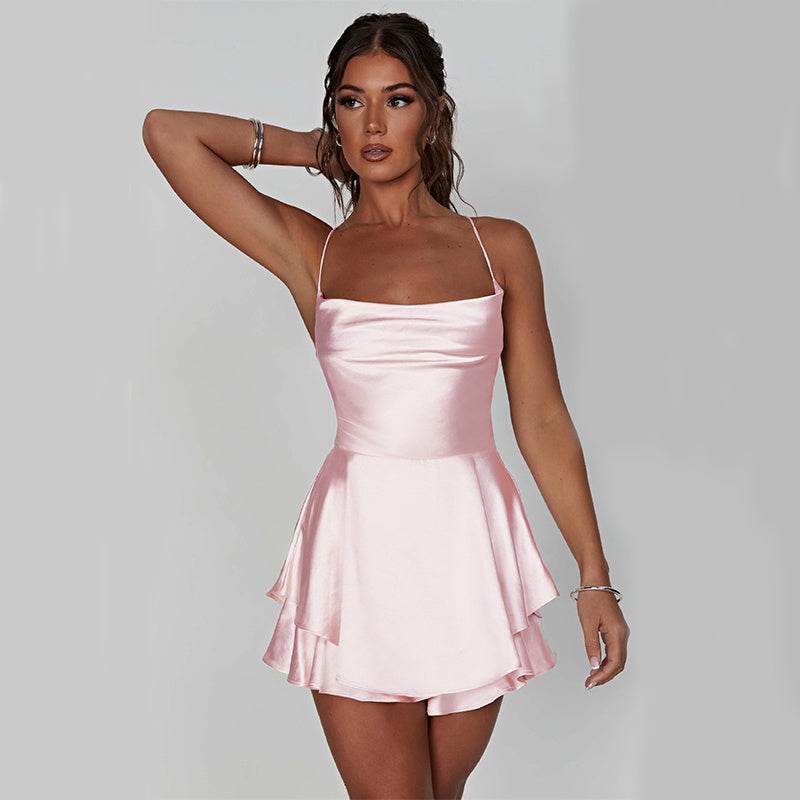 Sexy Suspender Skirt For Women Elegant Slim Strap Satin Backless Lace Up A-Line Short Dress Lady - terrifictrend