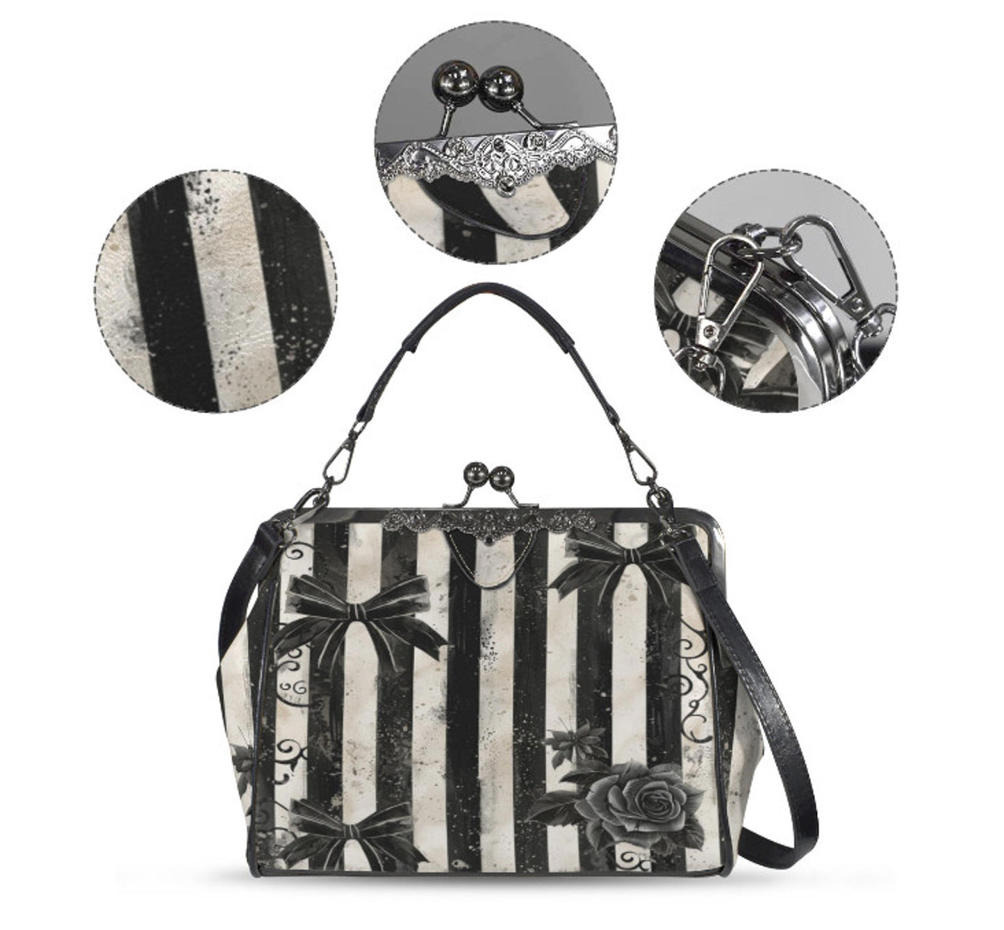 Gothic Horror Black White Dirty Stripe Shoulder Cross Body Bag Satchel Holiday Kisslock