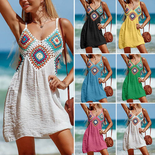 Summer Sleeveless Dress Bohemia Stitching Colorful Pattern V-neck Hollow Beach Dress - terrifictrend