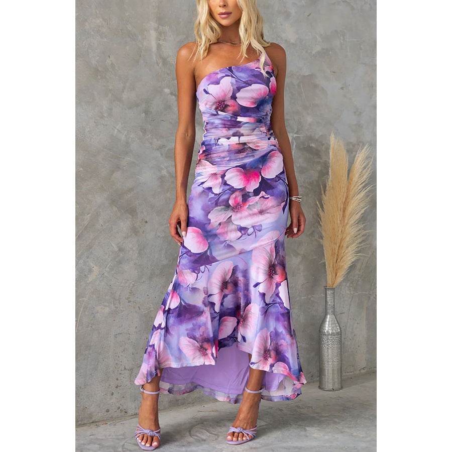 Flowers Print One-shoulder Dress Summer INS Casual Suspender Long Dresses Womens Clothing - terrifictrend
