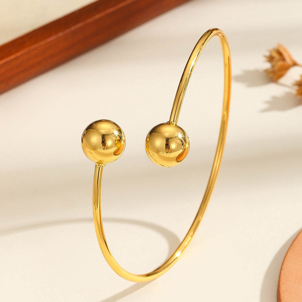 1pcs Copper Plated 18k Gold Double Headed Bead Opening Bracelet, With A Simple Temperament For Women, Suitable For Gatherings, Gifts, And Daily Wear - terrifictrend