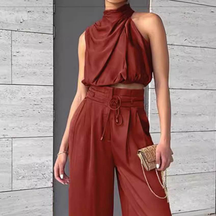 Summer Suits Casual Sleeveless Midriff-baring Top And Wide Leg Pants 2pcs Set Womens Clothing - terrifictrend