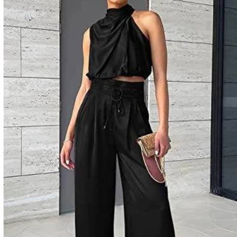 Summer Suits Casual Sleeveless Midriff-baring Top And Wide Leg Pants 2pcs Set Womens Clothing - terrifictrend