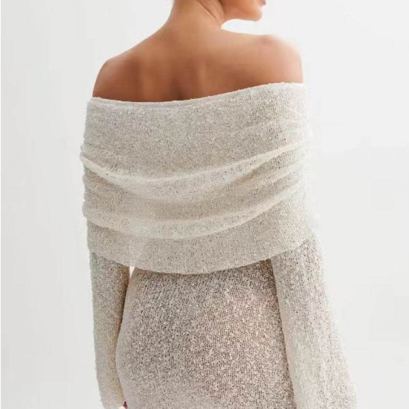 Women's Spring Summer Knitted Dress Elegant Party Boat Neck Dress Infant Off Shoulder Bodycon Long Sleeve Fuzzy Short Club Chic Mini Dress