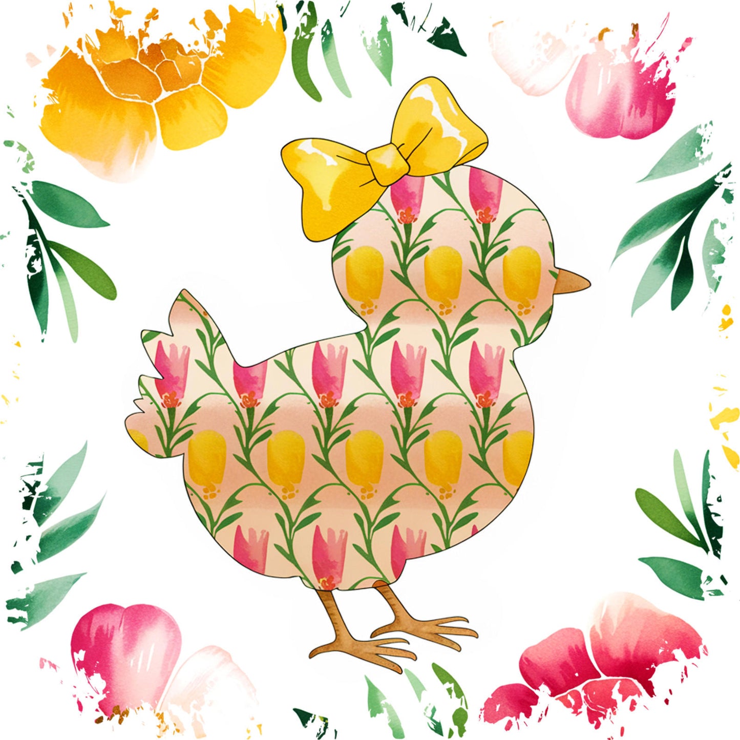 Easter Yellow Chick Pink Spring Flowers Canvas Shoulder Tote Bag 15" X 15" TerrificTrend