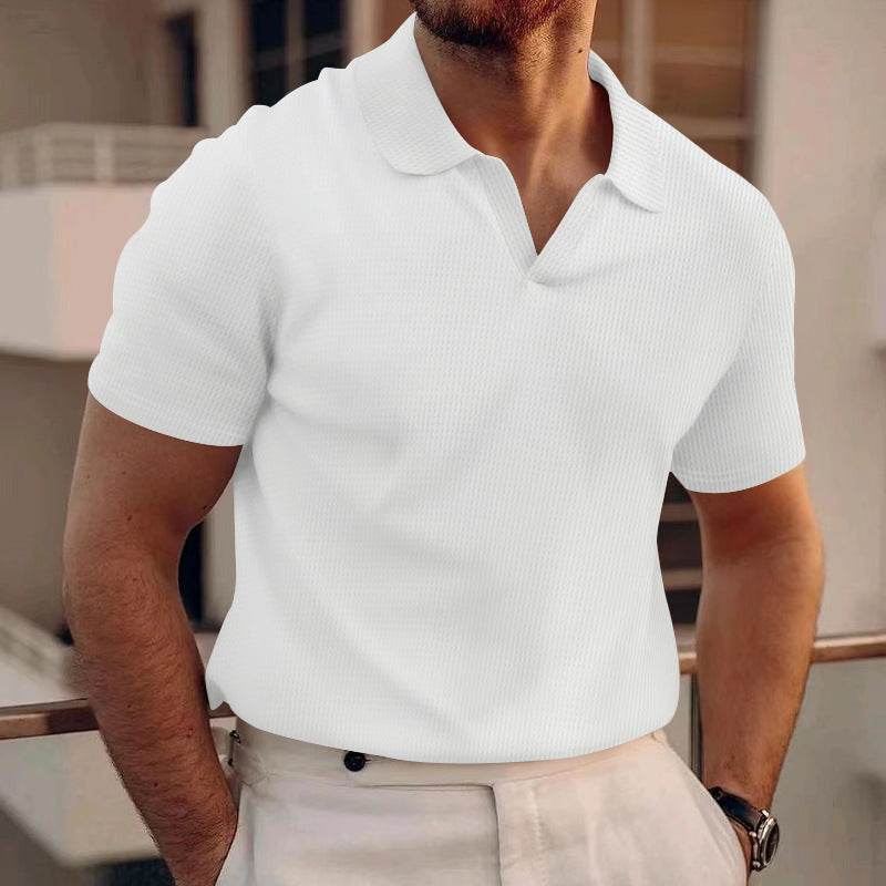 INS Waffle Lapel Short-sleeved T-shirt Summer Fashion Solid Color V-neck Polo Shirt Tops Men's Clothing - terrifictrend