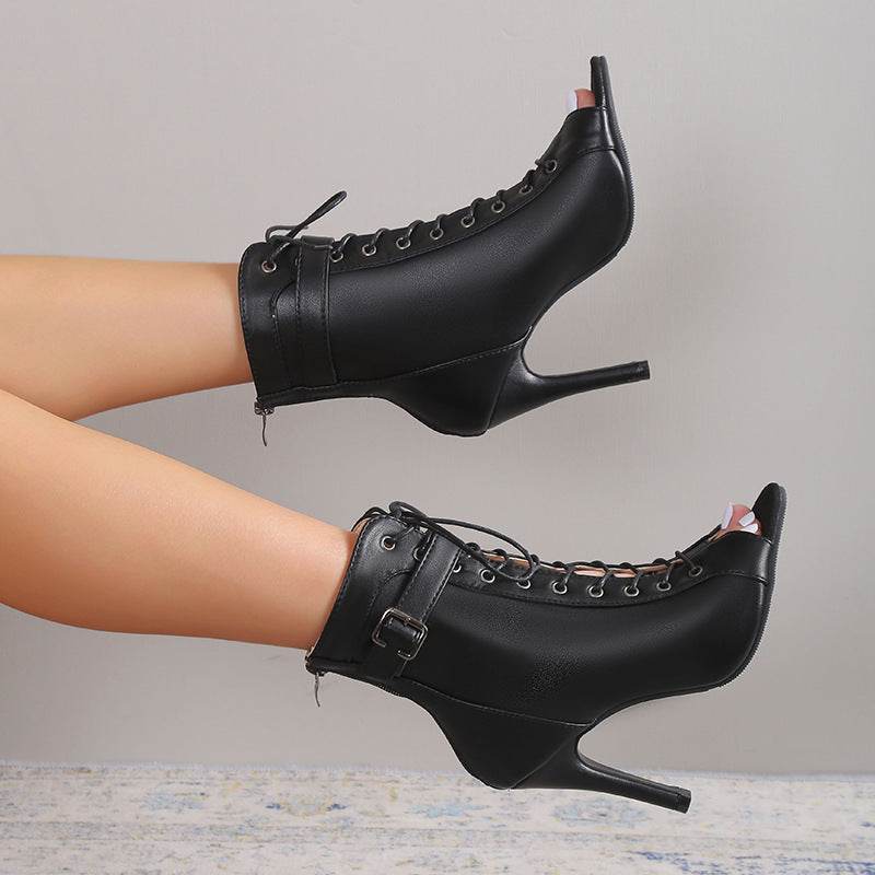 Women's Peep Toe High Heel Pumps Shoes Fashion Lace-up Buckle Sandals With Back Zipper Design - terrifictrend
