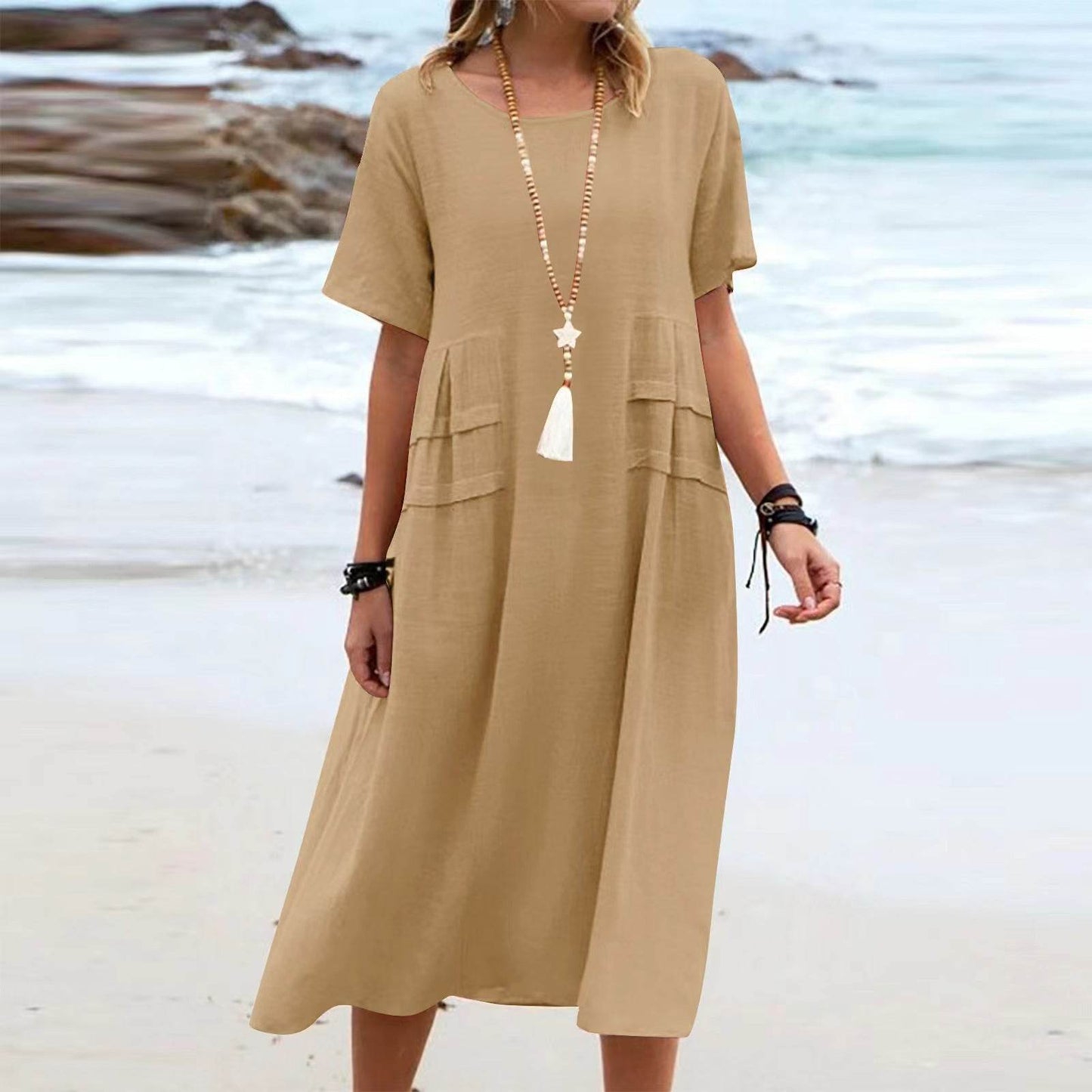 Women's Summer Loose Casual Midi Dress Breathable Cotton Linen Short-sleeve Mid-length Dresses Women Simple Beach Dress - terrifictrend