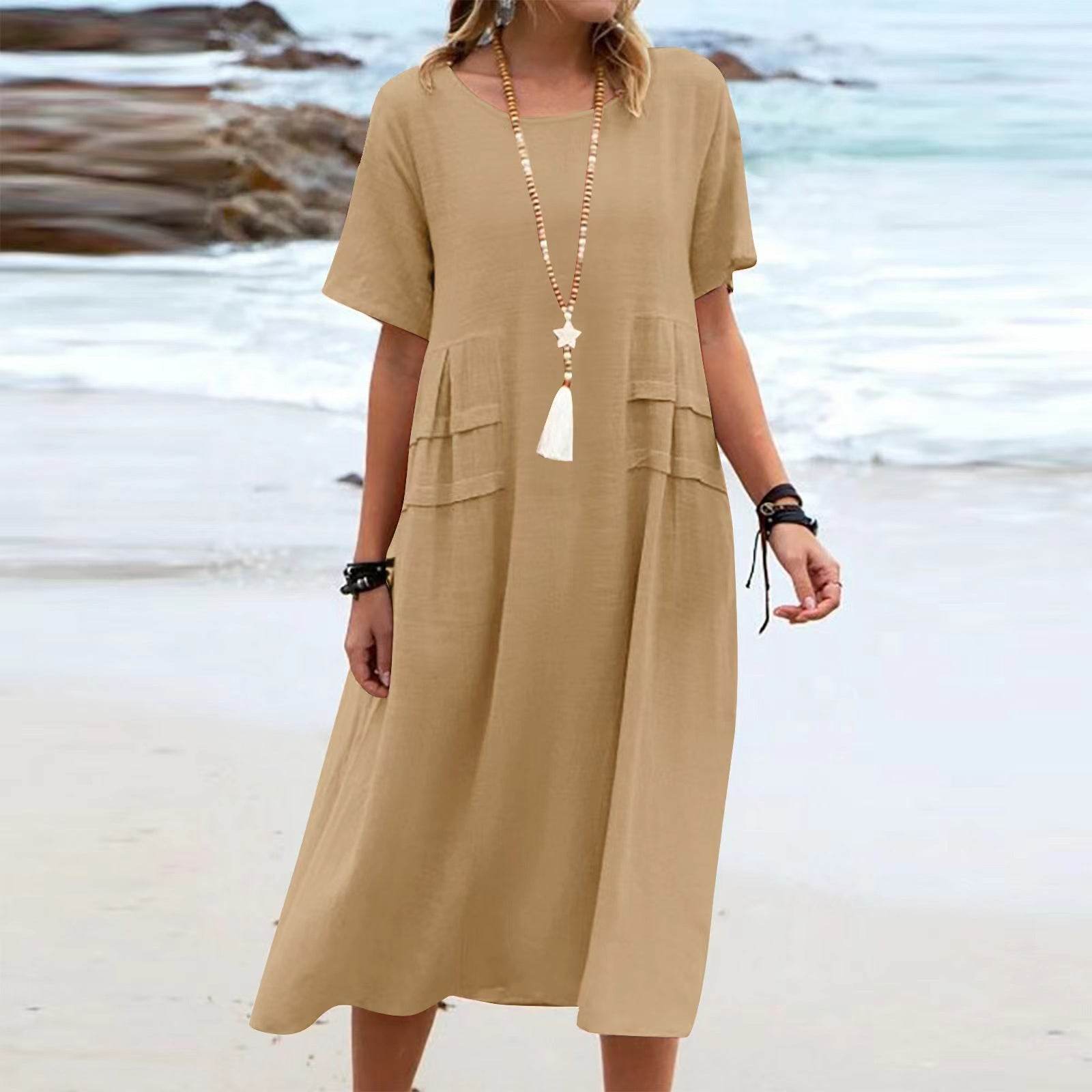 Women's Summer Loose Casual Midi Dress Breathable Cotton Linen Short-sleeve Mid-length Dresses Women Simple Beach Dress - terrifictrend