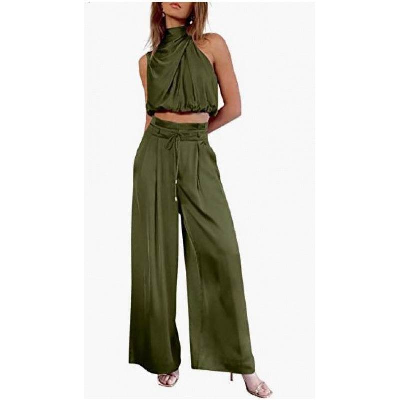 Summer Suits Casual Sleeveless Midriff-baring Top And Wide Leg Pants 2pcs Set Womens Clothing - terrifictrend