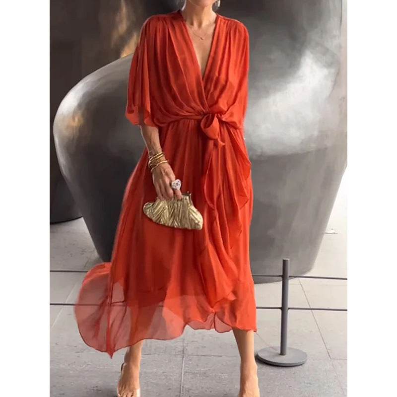 Batwing Sleeve V-neck Dress Summer Pure Color Tied Irregular Long Dresses Womens Clothing - terrifictrend