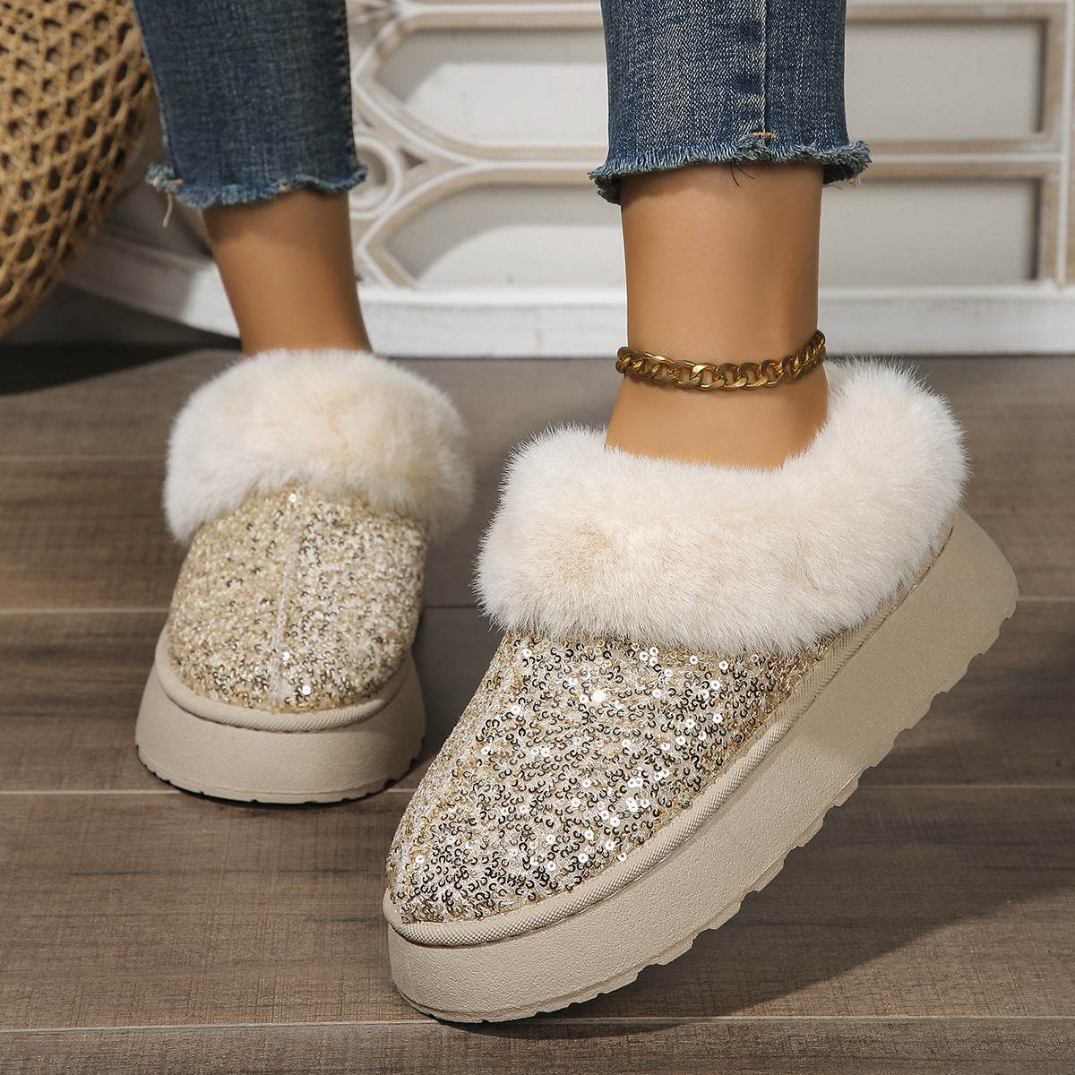 Fashion Sequined Thick-soled Plush Shoes Winter Indoor And Outdoor Casual Warm Slippers Women Garden House Shoes - terrifictrend
