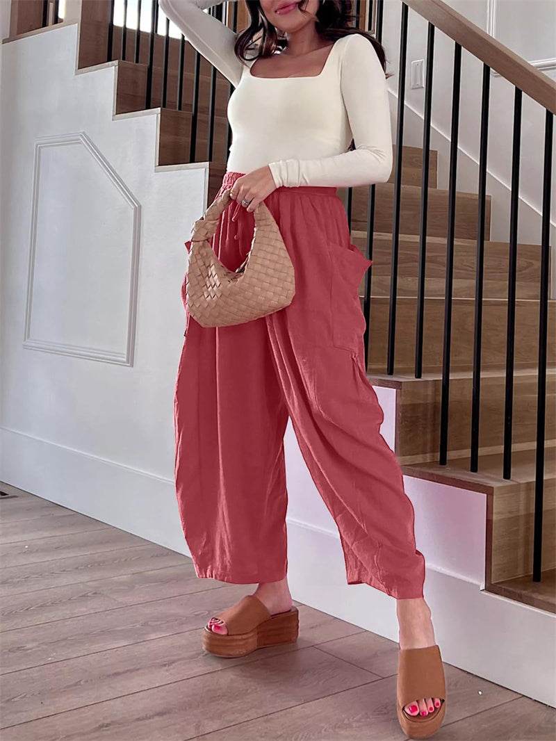 Fashion Wide Leg Pants Summer Loose Elastic High Waist Pleated Trousers Solid Color Womens Clothing - terrifictrend