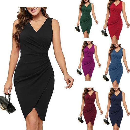 Women's Sexy V-neck Sleeveless Artificial Wrap Pleated Tight Cocktail Party Work - terrifictrend