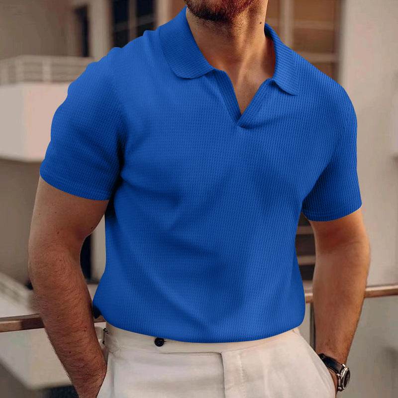 INS Waffle Lapel Short-sleeved T-shirt Summer Fashion Solid Color V-neck Polo Shirt Tops Men's Clothing - terrifictrend