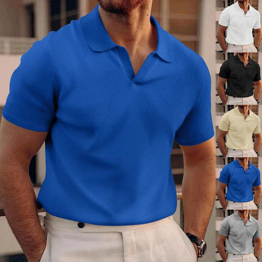 INS Waffle Lapel Short-sleeved T-shirt Summer Fashion Solid Color V-neck Polo Shirt Tops Men's Clothing - terrifictrend