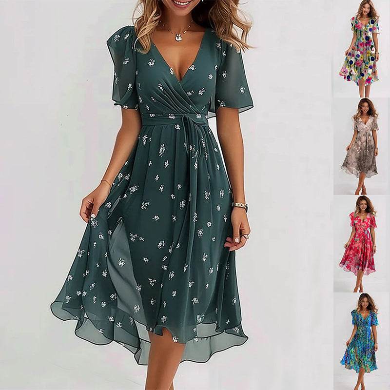Chiffon Printed Short Sleeve Dress Summer Elegant V-neck Dresses Womens Clothing - terrifictrend