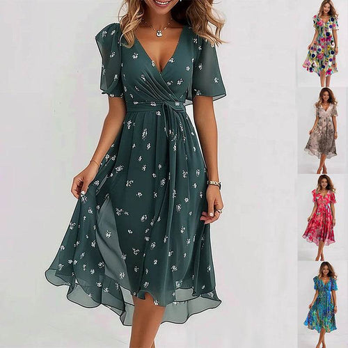 Chiffon Printed Short Sleeve Dress Summer Elegant V-neck Dresses Womens Clothing - terrifictrend