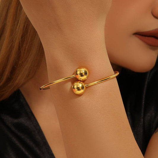 1pcs Copper Plated 18k Gold Double Headed Bead Opening Bracelet, With A Simple Temperament For Women, Suitable For Gatherings, Gifts, And Daily Wear - terrifictrend