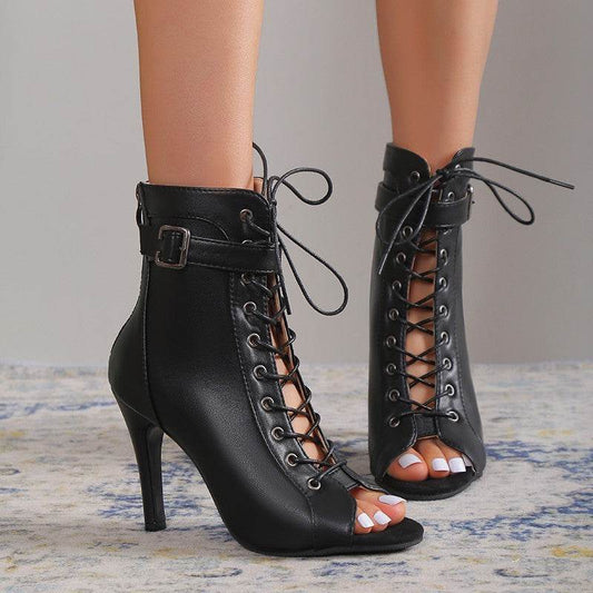 Women's Peep Toe High Heel Pumps Shoes Fashion Lace-up Buckle Sandals With Back Zipper Design - terrifictrend