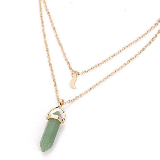 Natural stone glass hexagonal necklace necklace European and American fashion double moon moon crescent bullets pendulum pendant necklace - terrifictrend