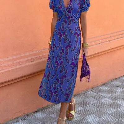 Summer V-neck Short-sleeved Dress Fashion Flowers Printed Slim Beach Dresses For Women Clothing - terrifictrend