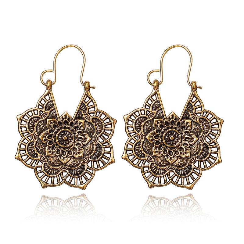 Vintage ethnic style metal openwork floral flower earrings - terrifictrend