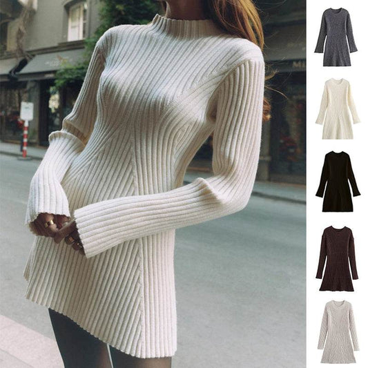Fashion Solid Ribbed Knitted Dress Fall And Winter Slim-fit Stand-up Collar A-line Dresses Women's Clothing - terrifictrend