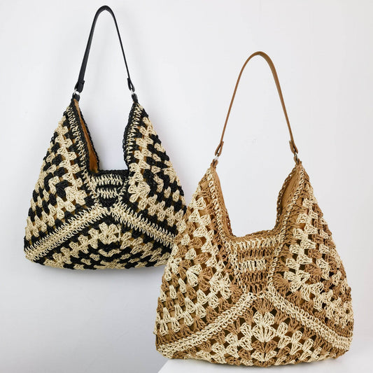 Women's Fashion Handmade Straw Woven Hollow Contrast Color Weave Shoulder Bag - terrifictrend