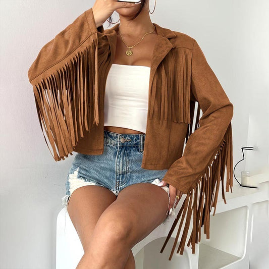 Women's Solid Color Fashion Lapel Loose Fit Fringe Long Sleeve Jacket - Stylish Tassel Detail On Chest & Sleeves For Fall&Winter Casual Wear Cj