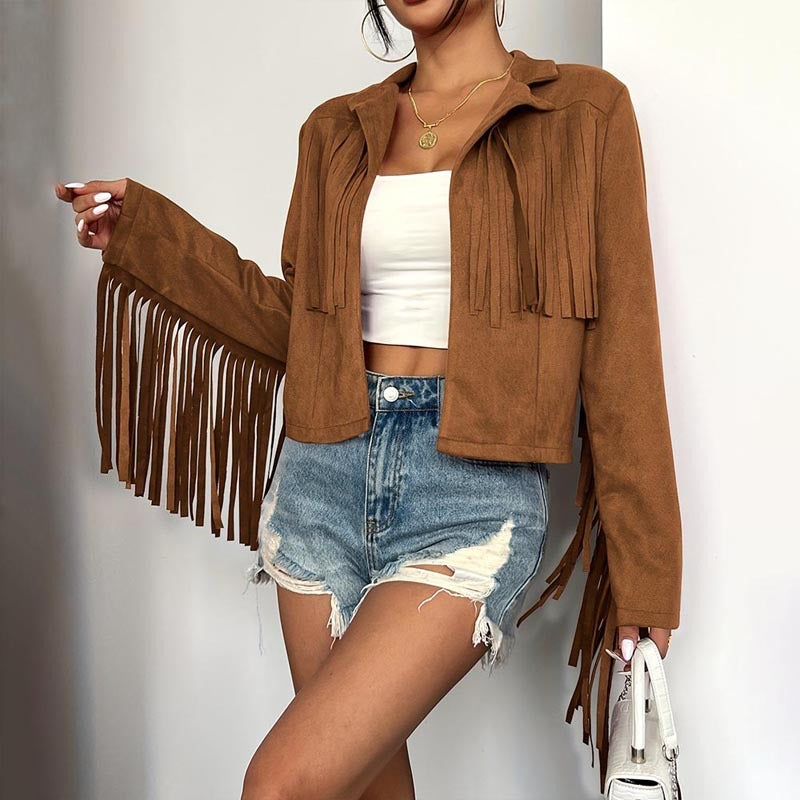 Women's Solid Color Fashion Lapel Loose Fit Fringe Long Sleeve Jacket - Stylish Tassel Detail On Chest & Sleeves For Fall&Winter Casual Wear Cj