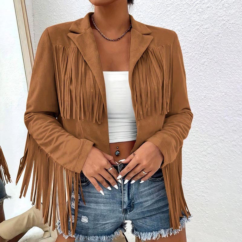 Women's Solid Color Fashion Lapel Loose Fit Fringe Long Sleeve Jacket - Stylish Tassel Detail On Chest & Sleeves For Fall&Winter Casual Wear Cj
