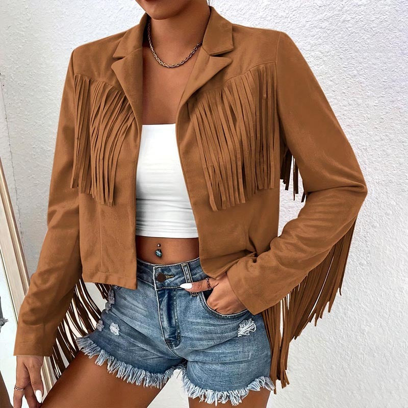 Women's Solid Color Fashion Lapel Loose Fit Fringe Long Sleeve Jacket - Stylish Tassel Detail On Chest & Sleeves For Fall&Winter Casual Wear Cj