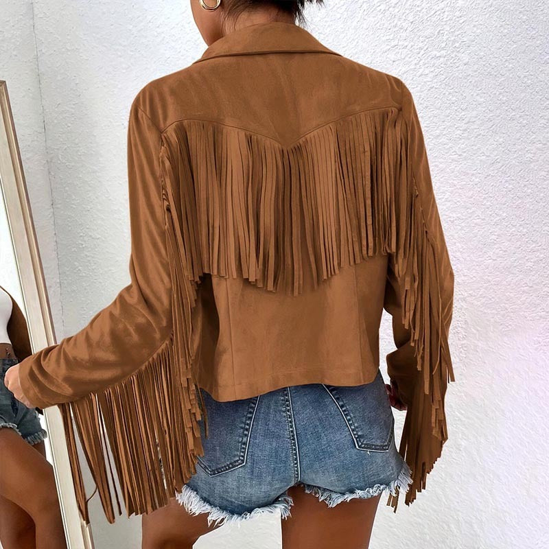 Women's Solid Color Fashion Lapel Loose Fit Fringe Long Sleeve Jacket - Stylish Tassel Detail On Chest & Sleeves For Fall&Winter Casual Wear Cj