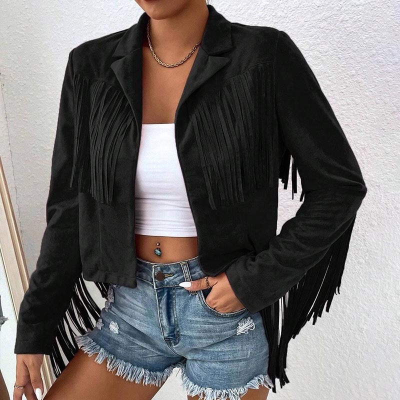 Women's Solid Color Fashion Lapel Loose Fit Fringe Long Sleeve Jacket - Stylish Tassel Detail On Chest & Sleeves For Fall&Winter Casual Wear Cj