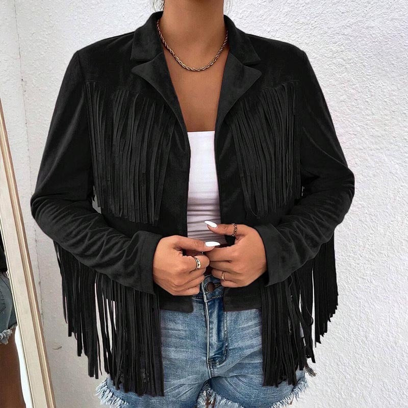 Women's Solid Color Fashion Lapel Loose Fit Fringe Long Sleeve Jacket - Stylish Tassel Detail On Chest & Sleeves For Fall&Winter Casual Wear Cj