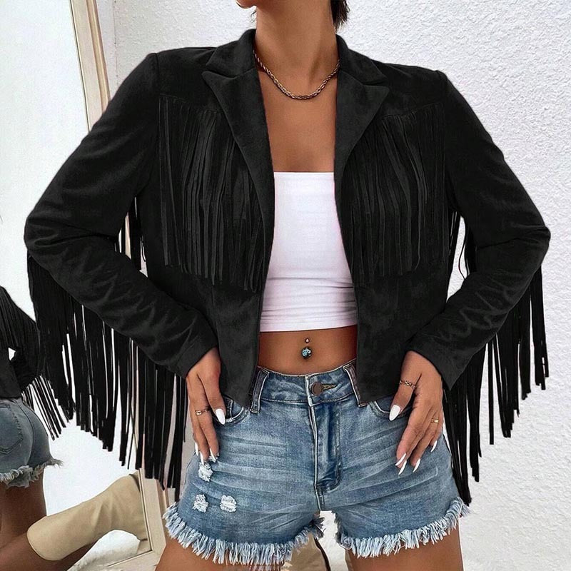 Women's Solid Color Fashion Lapel Loose Fit Fringe Long Sleeve Jacket - Stylish Tassel Detail On Chest & Sleeves For Fall&Winter Casual Wear Cj