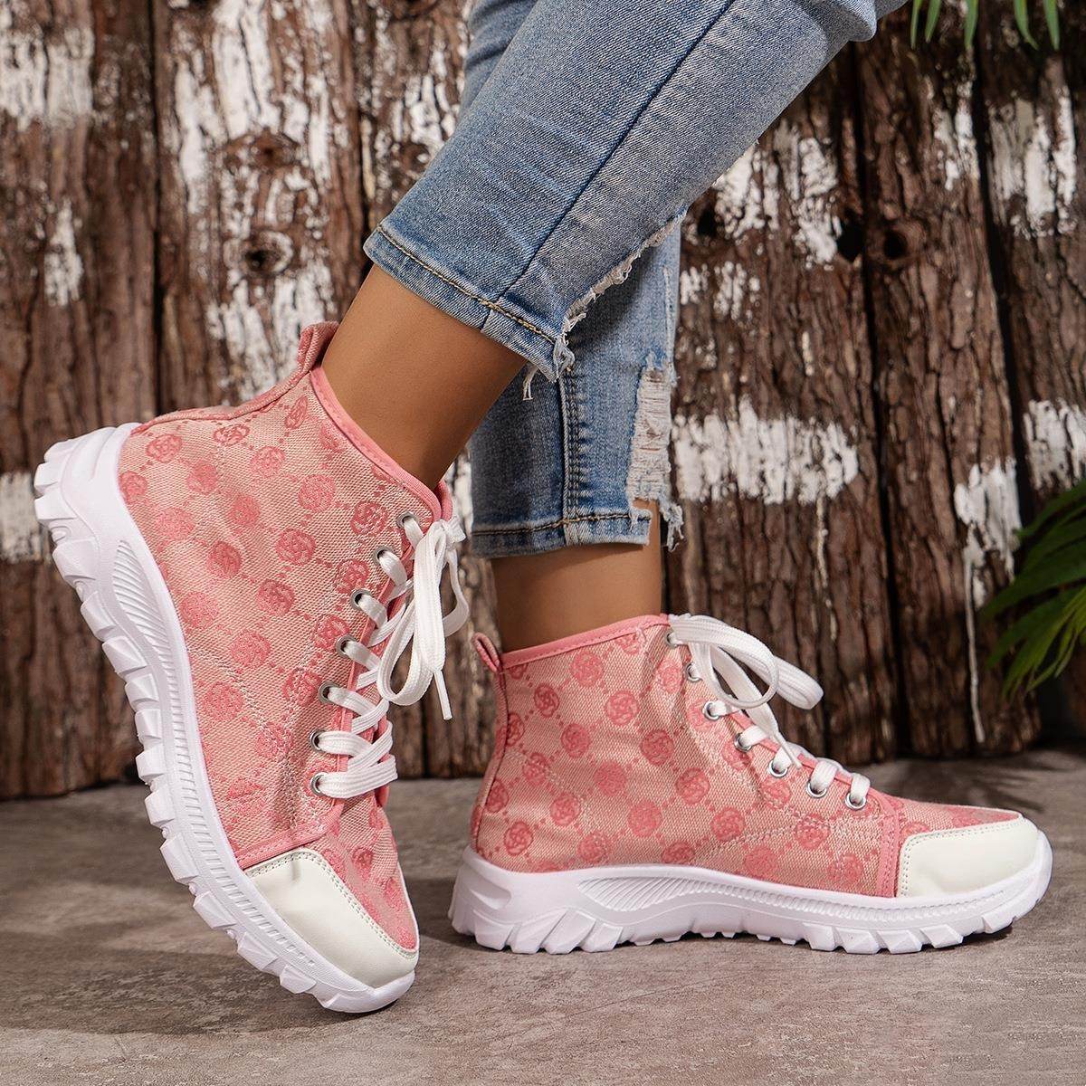 Rose-printed Lace-up Boots Fashion Breathable Canvas Shoes Sports Casual Non-slip Thick-soled Short Boot For Women - terrifictrend