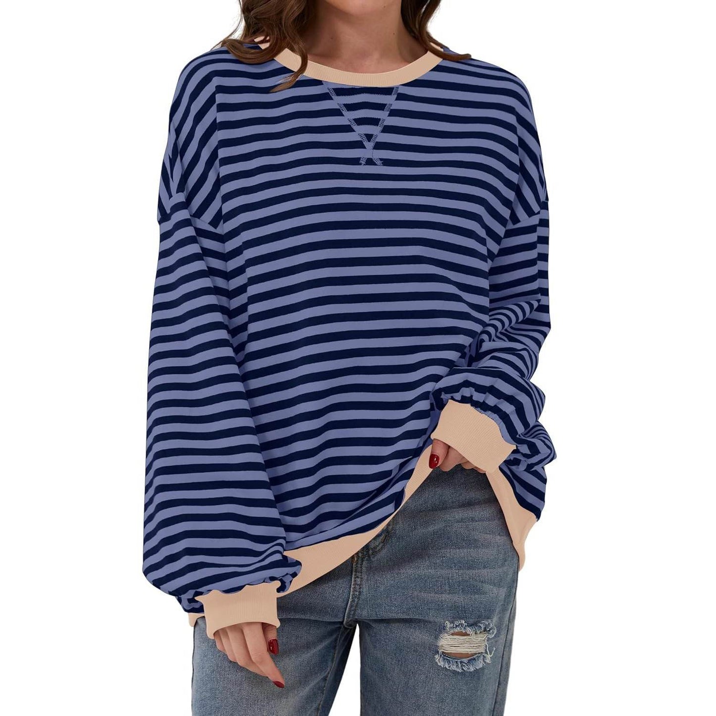 Loose Striped Long Sleeve T-shirt Casual Pullover Sweater For Womens Clothing - terrifictrend