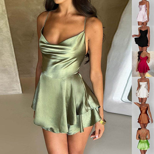 Sexy Suspender Skirt For Women Elegant Slim Strap Satin Backless Lace Up A-Line Short Dress Lady - terrifictrend
