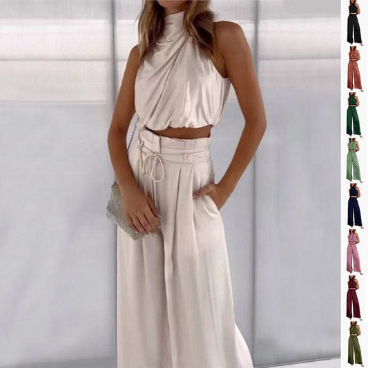 Summer Suits Casual Sleeveless Midriff-baring Top And Wide Leg Pants 2pcs Set Womens Clothing - terrifictrend