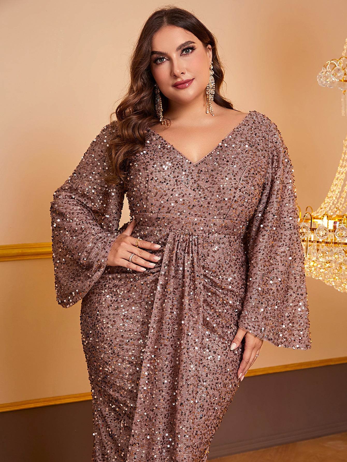 Women's Sequin Long Sleeved V-neck Pleated Dress - terrifictrend