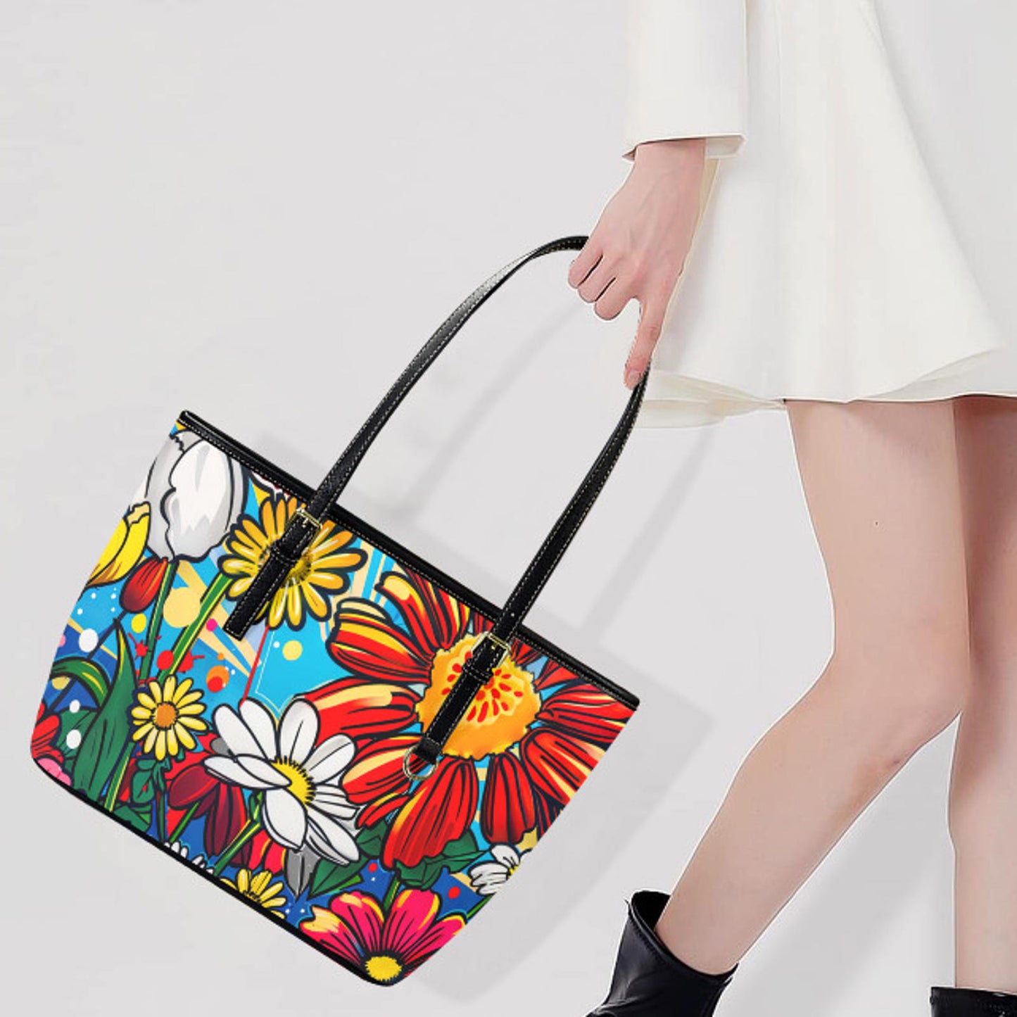 Custom Tote Hand Shoulder Bag 12 X 15 Bright Colors Spring Flowers Pop Art Terrifictrend